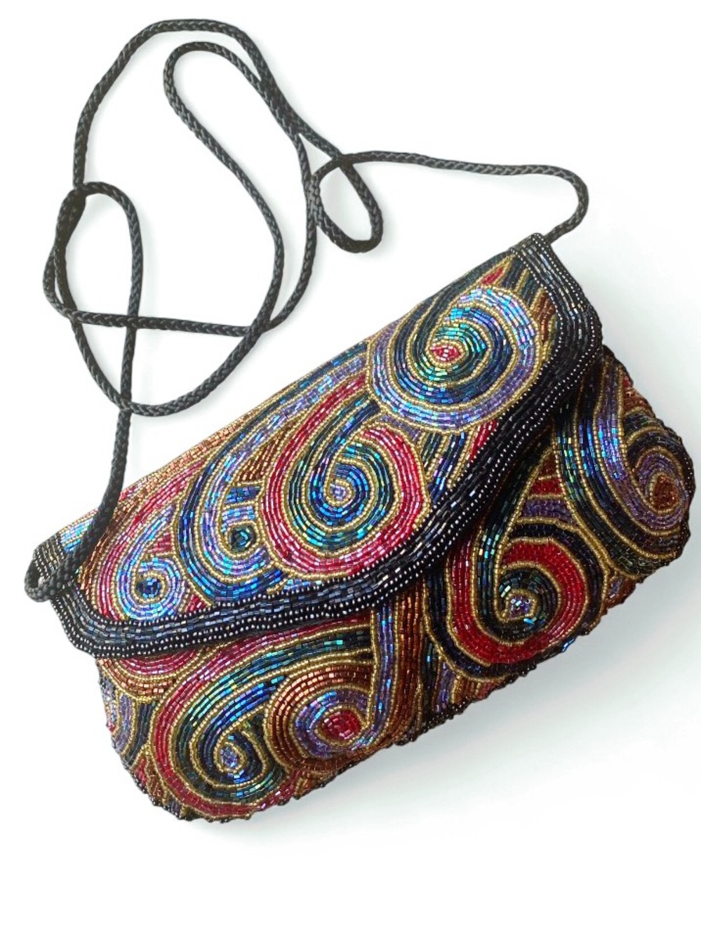 Statement MultiColor Beaded Envelope Clutch Crossbody Swirl Pattern Evening Bag